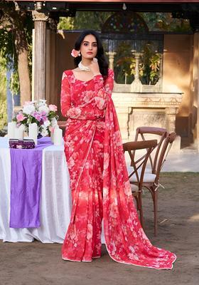 Red Floral Print Georgette Saree Set
