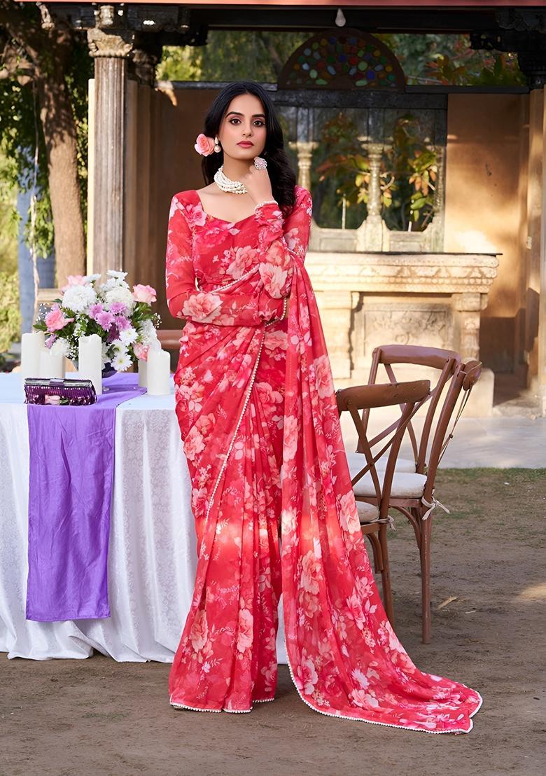 Red Floral Print Georgette Saree Set - Indya