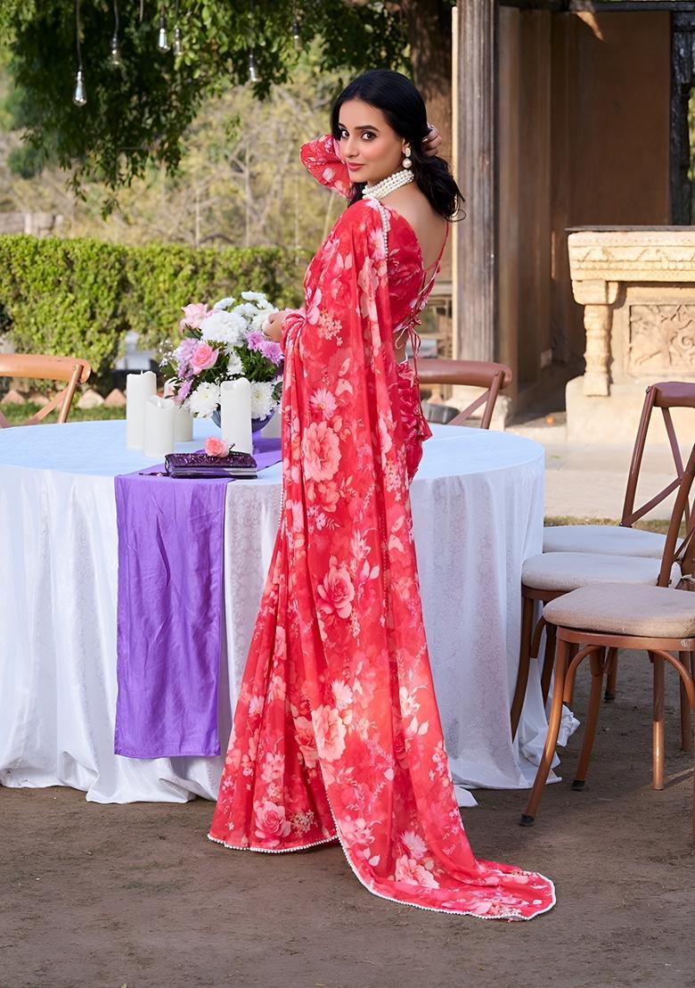 Red Floral Print Georgette Saree Set - Indya