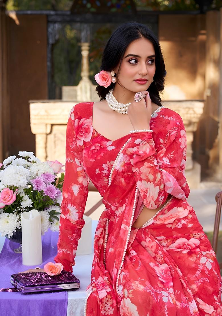 Red Floral Print Georgette Saree Set - Indya