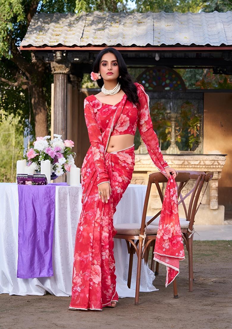Red Floral Print Georgette Saree Set - Indya