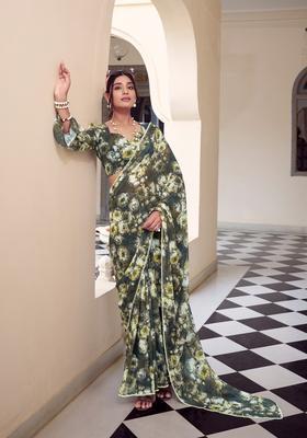 Green Floral Print Georgette Saree Set