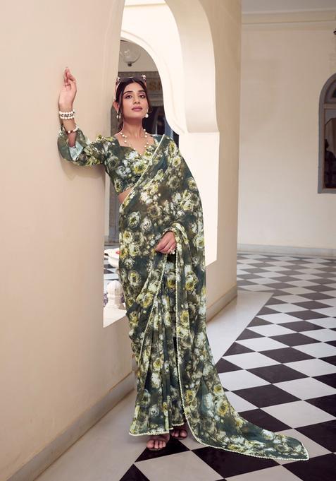 Green Floral Print Georgette Saree Set