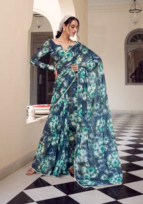 Teal Floral Print Georgette Saree Set