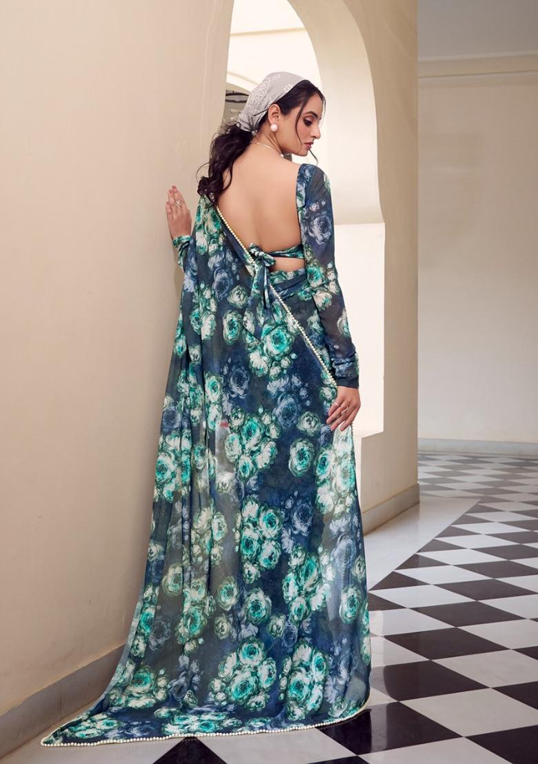 Teal Floral Print Georgette Saree Set - Indya