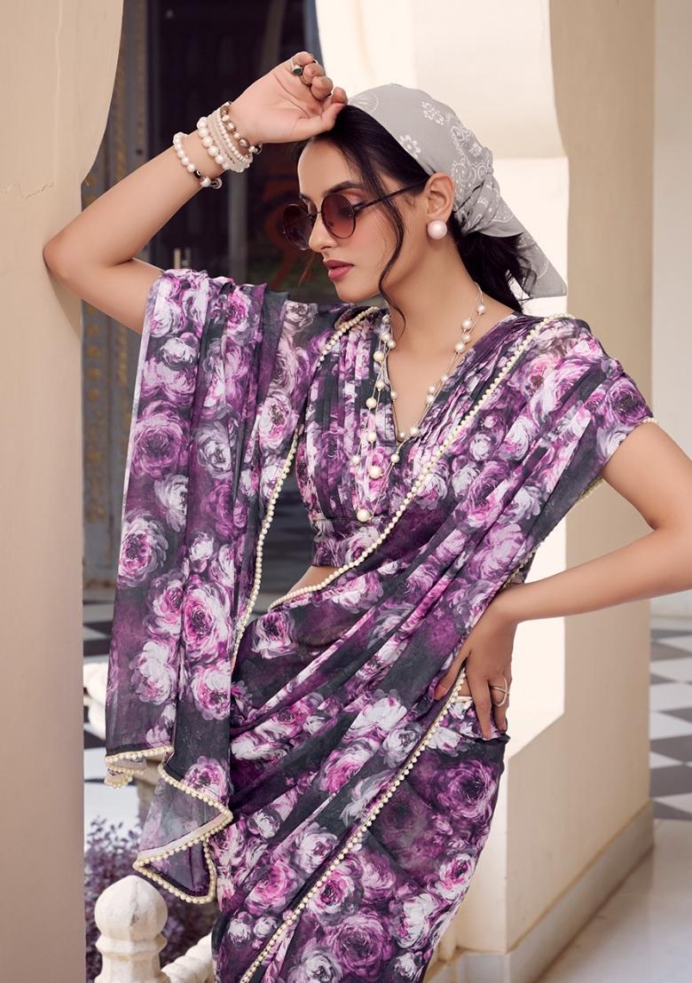 Magenta Floral Print Georgette Saree Set - Indya