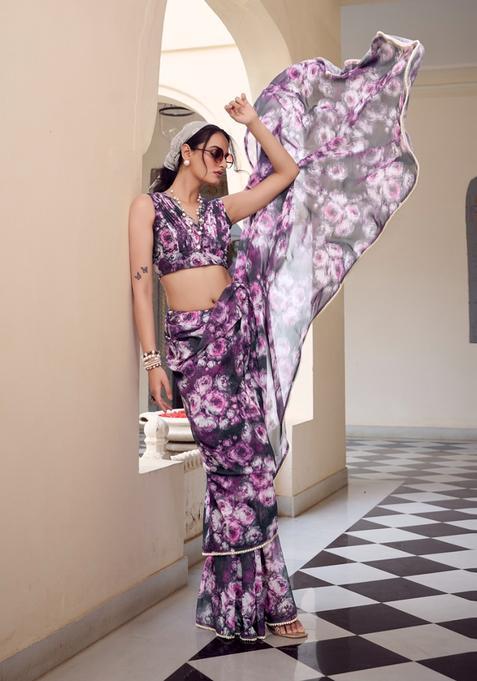 Magenta Floral Print Georgette Saree Set