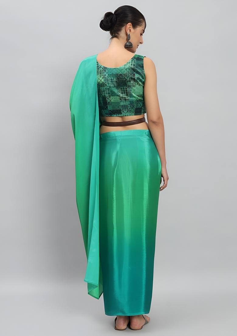 Lime Ombre Dyed Silk Saree Set - Indya
