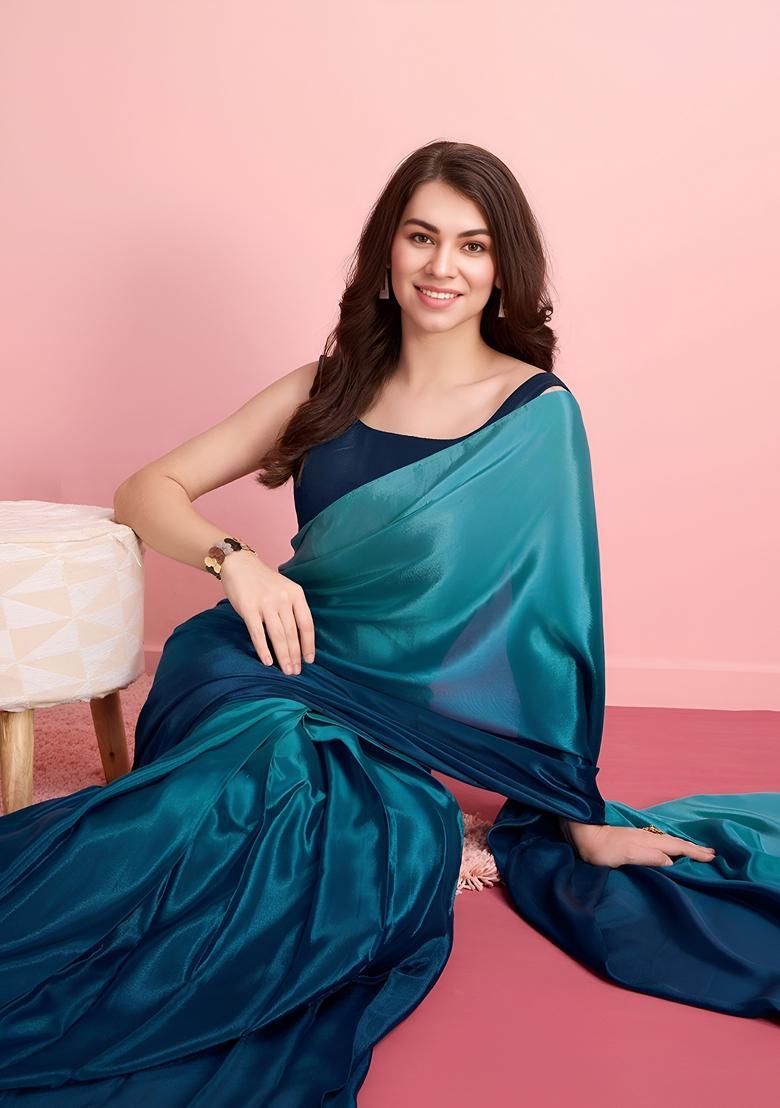 Teal Ombre Dyed Silk Saree Set - Indya