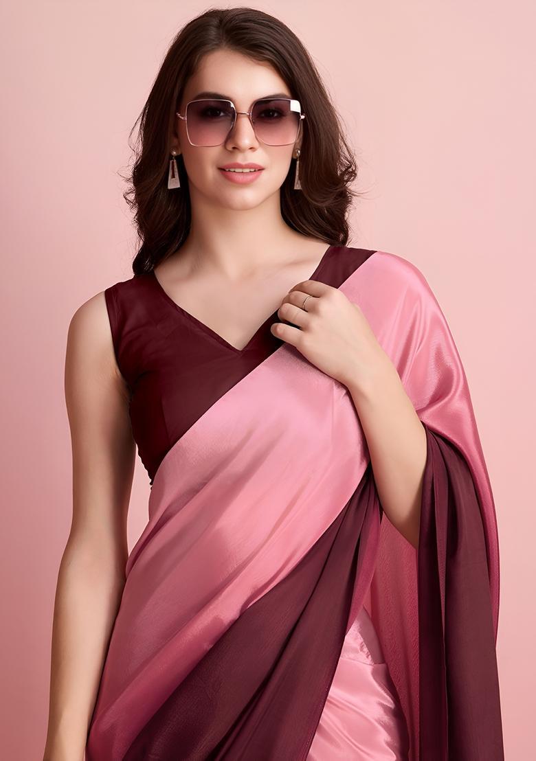 Magenta Ombre Dyed Silk Saree Set - Indya