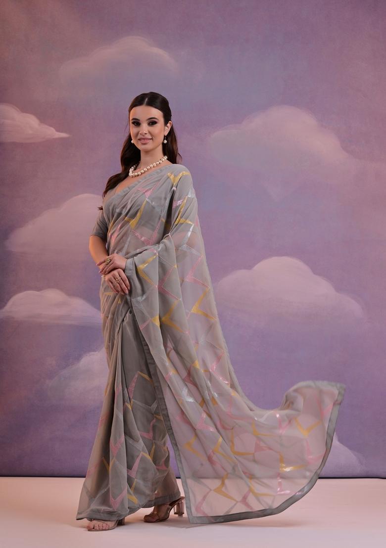 Grey Embellished Georgette Saree Set - Indya