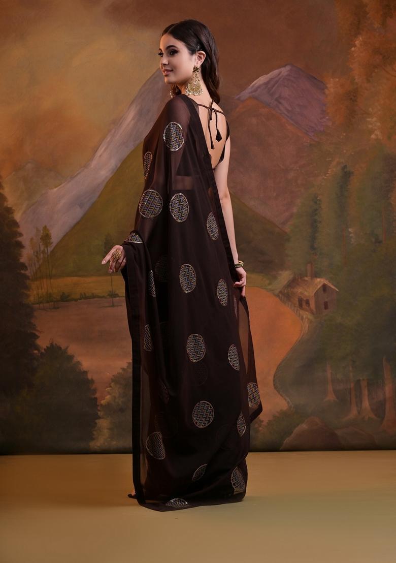 Brown Embellished Georgette Saree Set - Indya