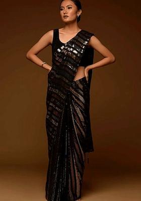 Black Embellished Georgette Saree Set