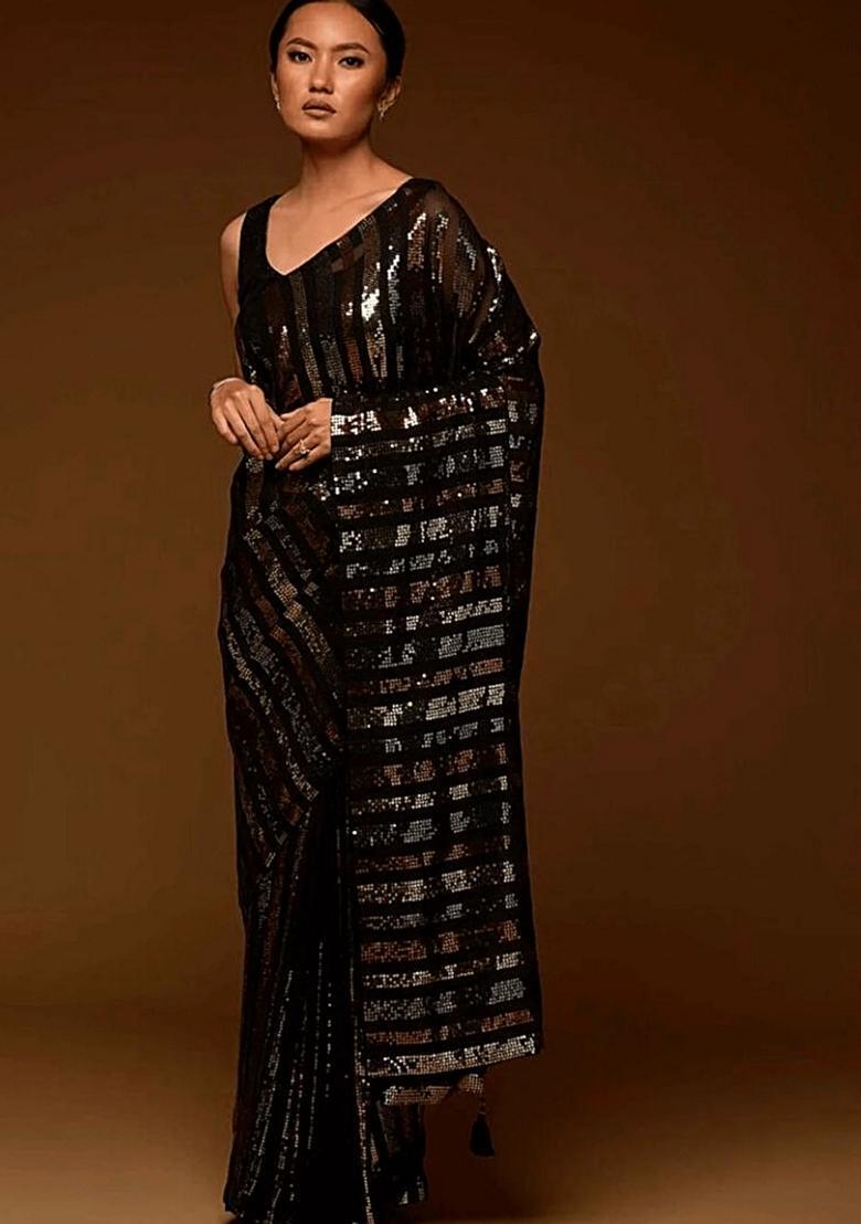 Black Embellished Georgette Saree Set - Indya