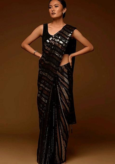 Black Embellished Georgette Saree Set
