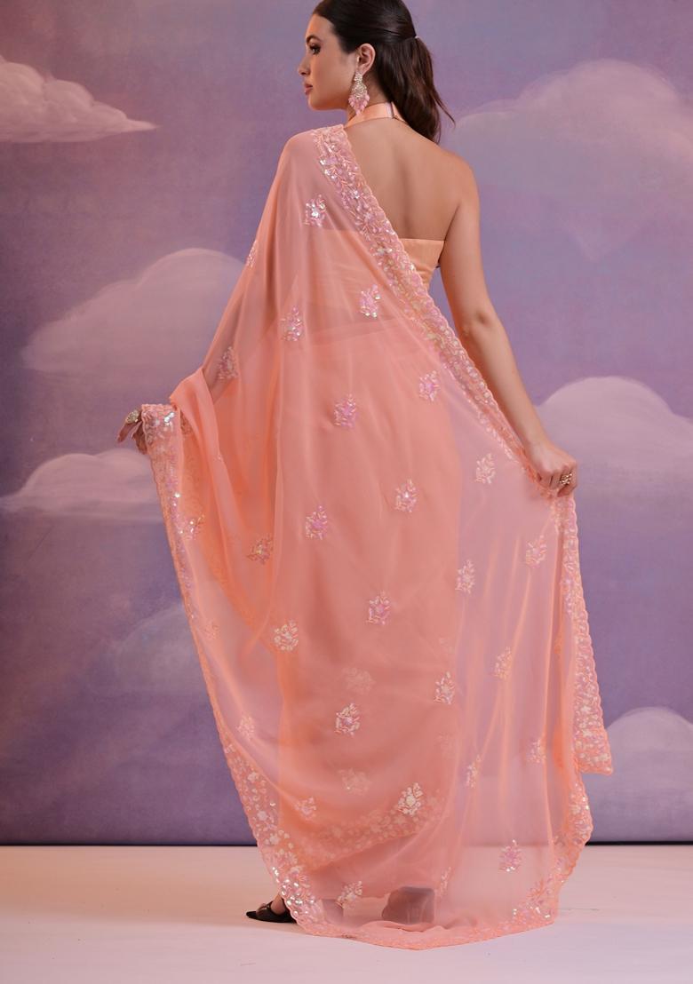 Orange Embellished Georgette Saree Set - Indya