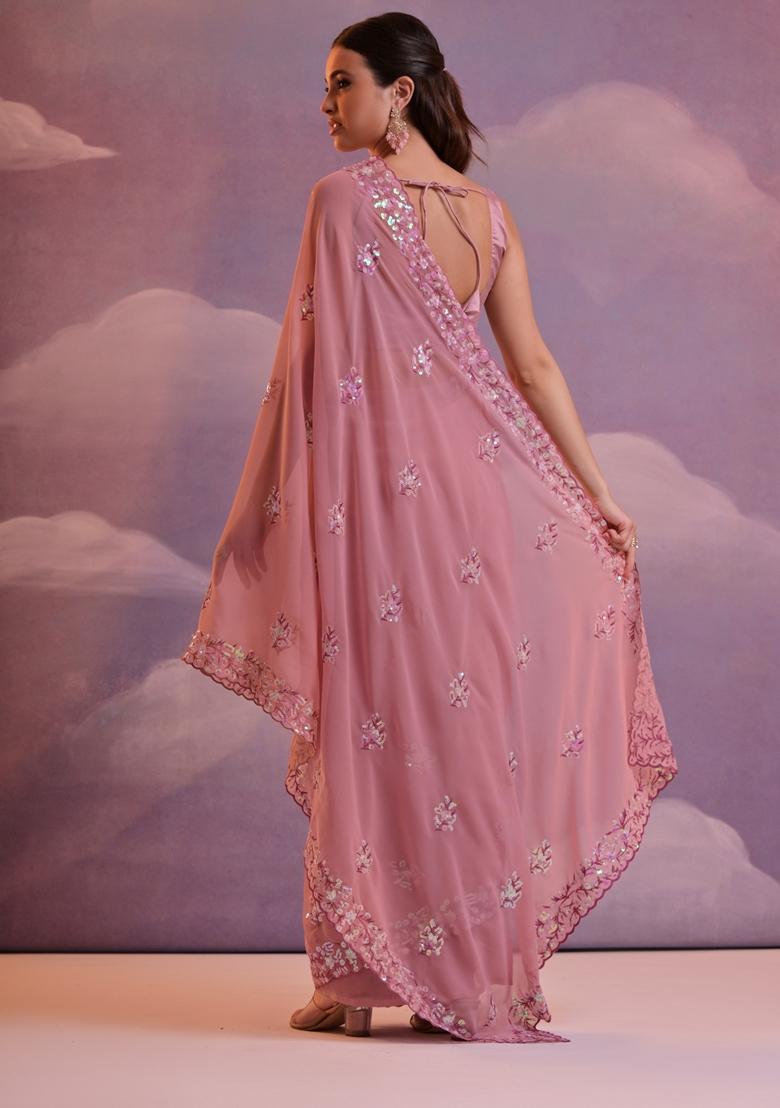Mauve Embellished Georgette Saree Set - Indya