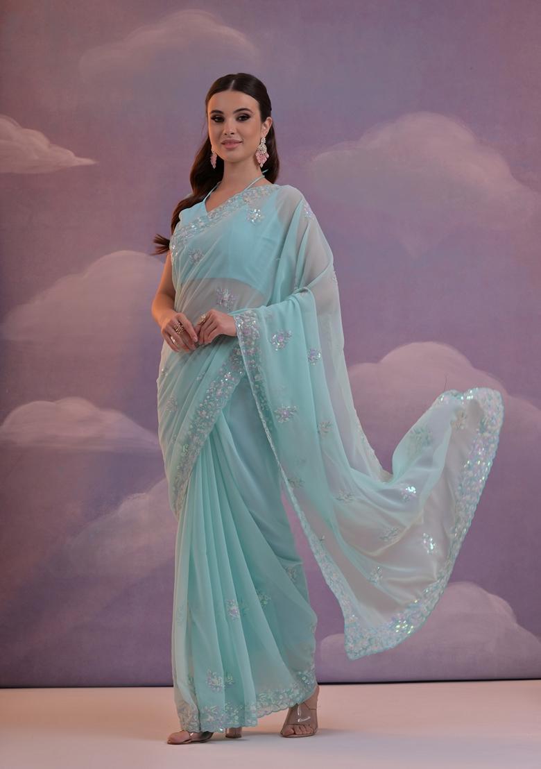 Aqua Embellished Georgette Saree Set - Indya