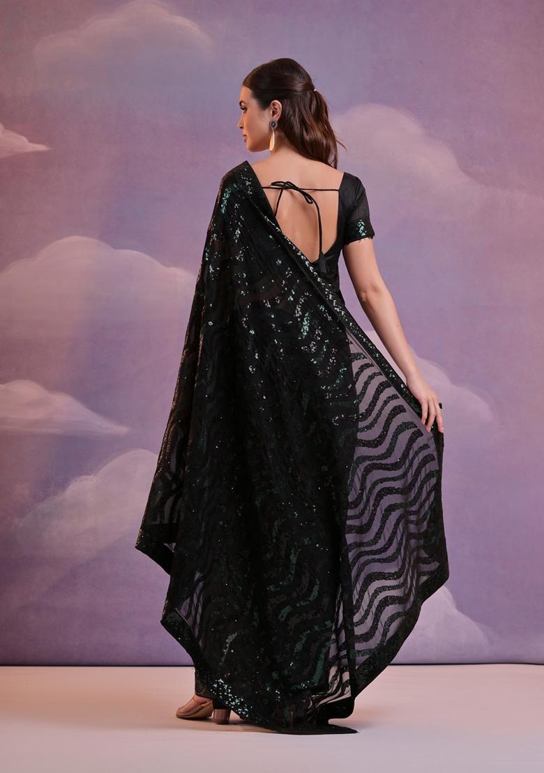 Green Embellished Georgette Saree Set - Indya