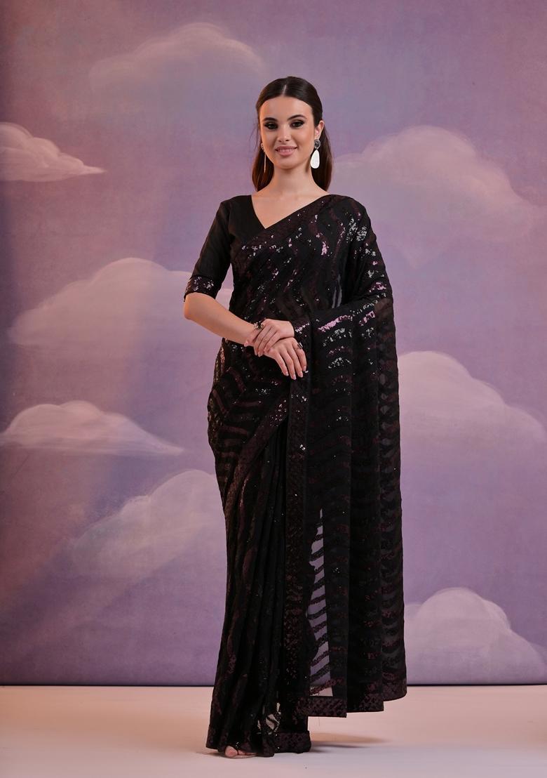 Magenta Embellished Georgette Saree Set - Indya