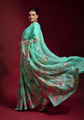 Aqua Embellished Georgette Saree Set