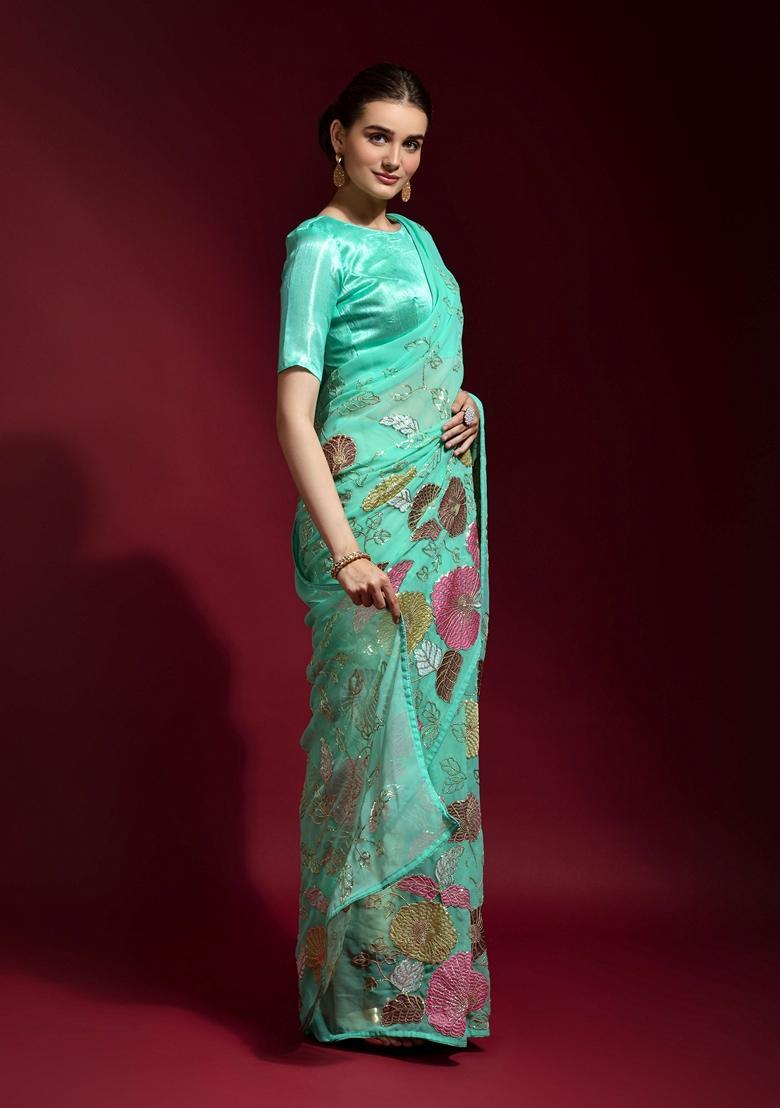 Aqua Embellished Georgette Saree Set - Indya