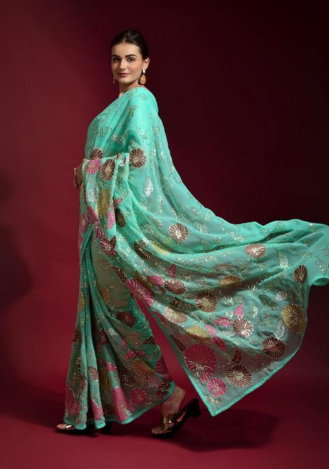 Aqua Embellished Georgette Saree Set