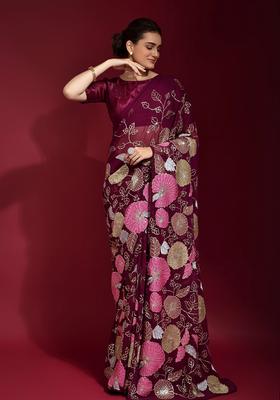 Magenta Embellished Georgette Saree Set