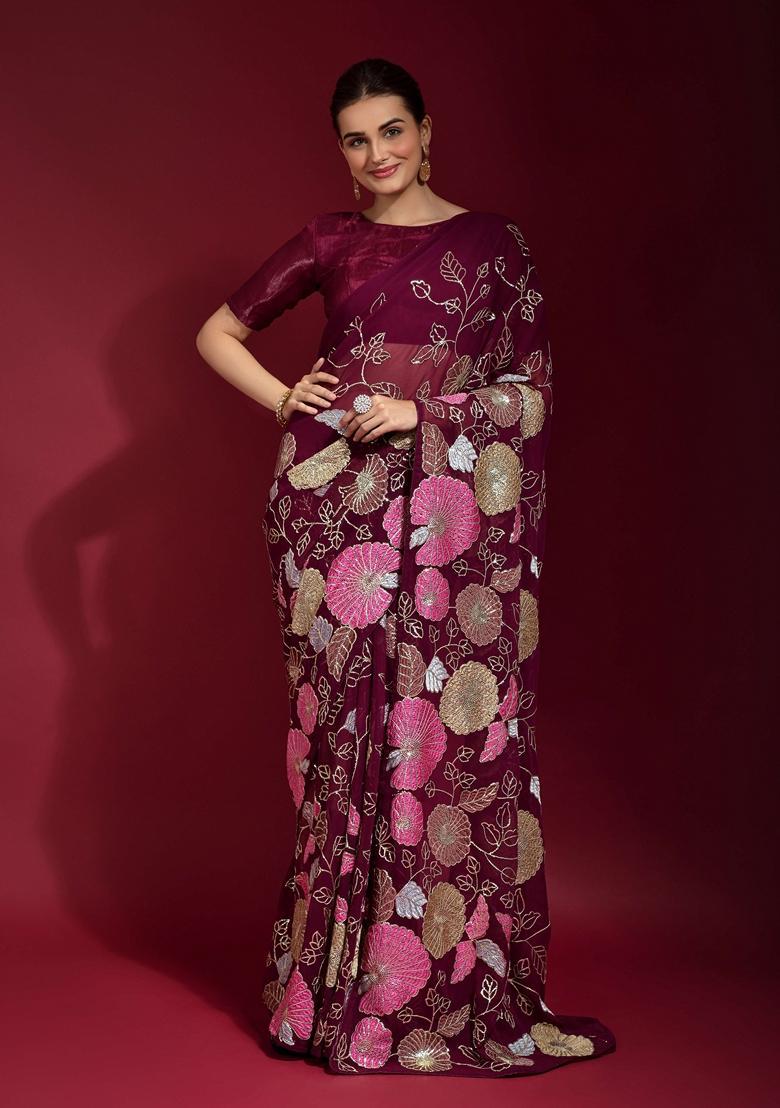 Magenta Embellished Georgette Saree Set - Indya