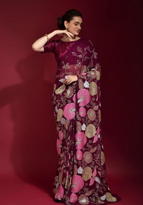 Magenta Embellished Georgette Saree Set
