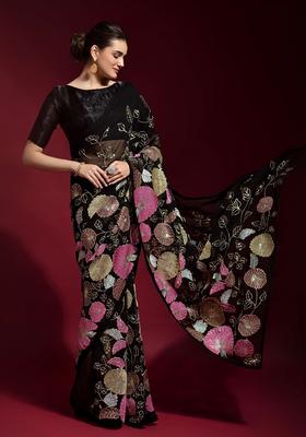 Black Embellished Georgette Saree Set
