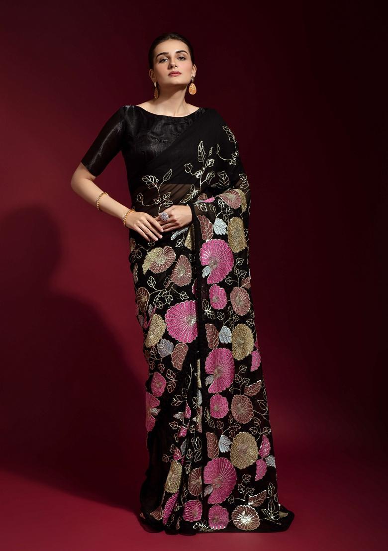 Black Embellished Georgette Saree Set - Indya