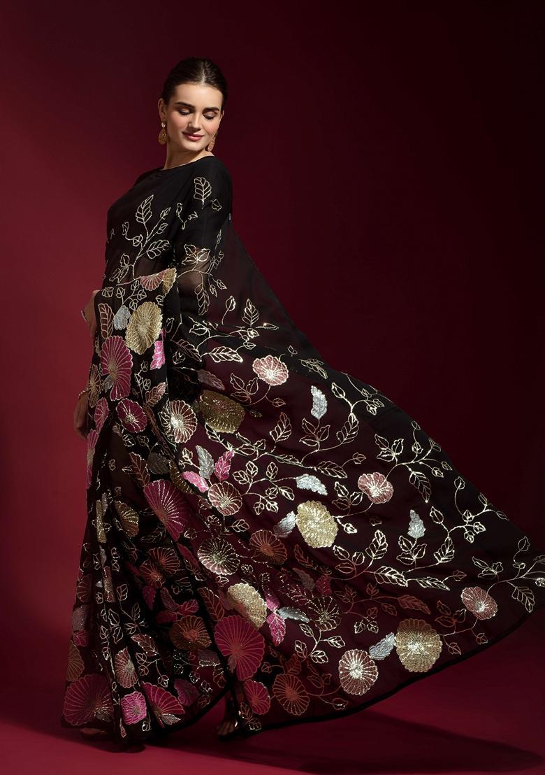 Black Embellished Georgette Saree Set - Indya