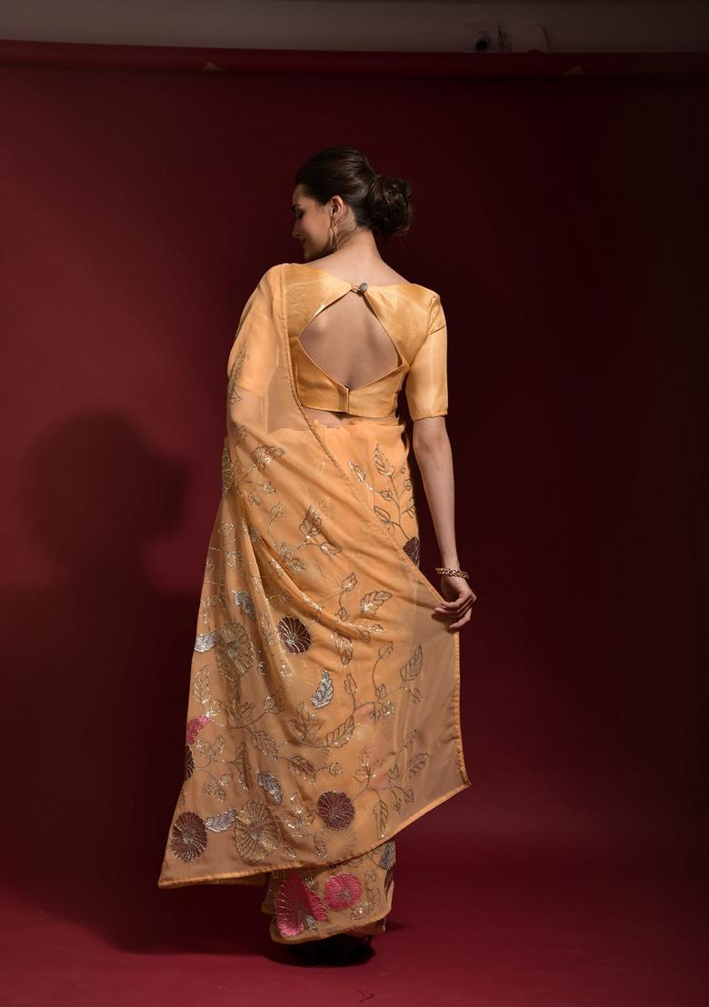 Cream Embellished Georgette Saree Set - Indya