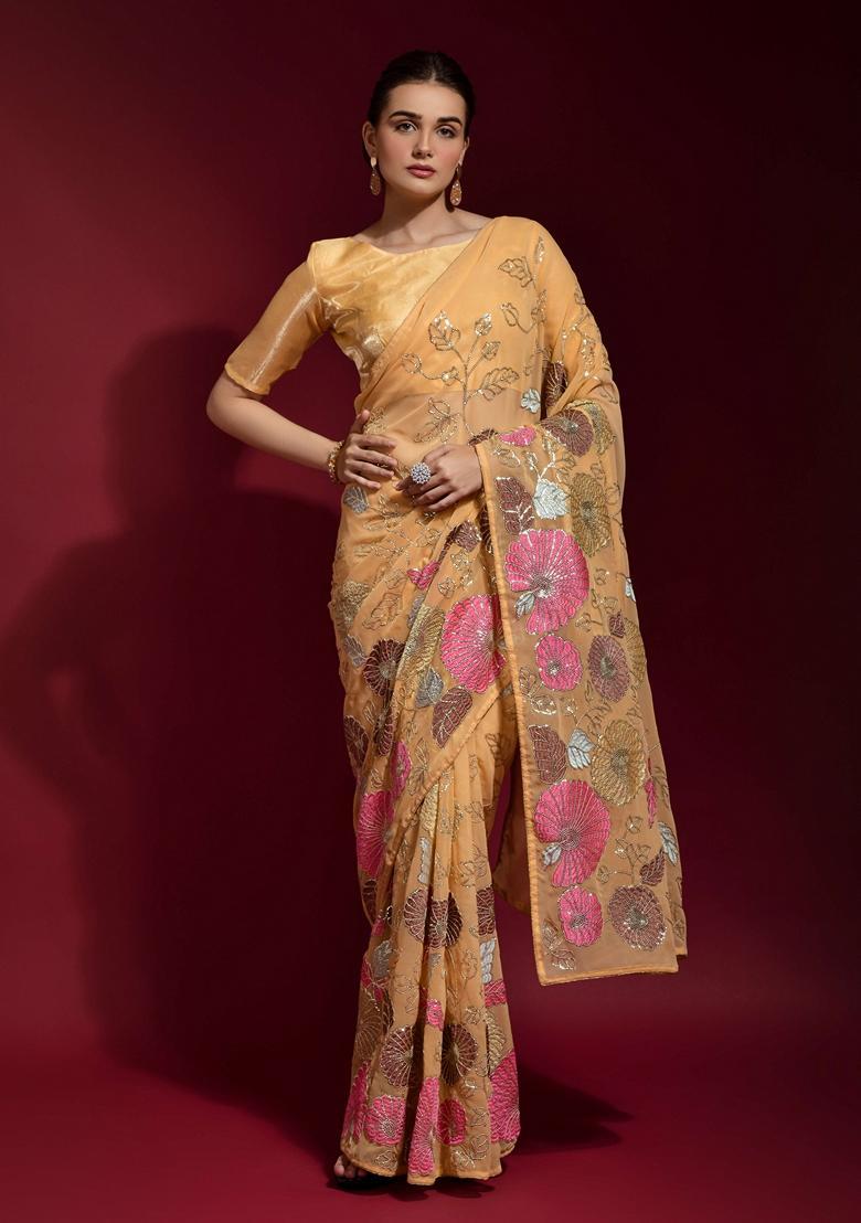 Cream Embellished Georgette Saree Set - Indya