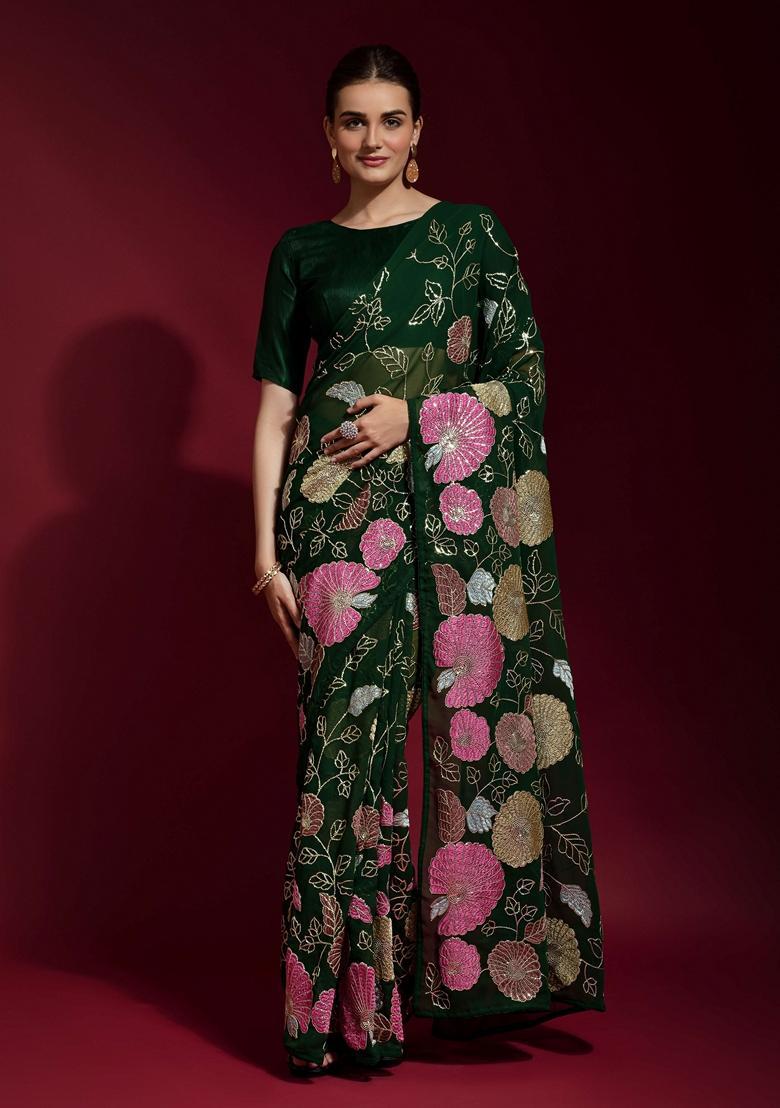 Green Embellished Georgette Saree Set - Indya