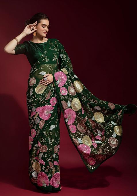 Green Embellished Georgette Saree Set