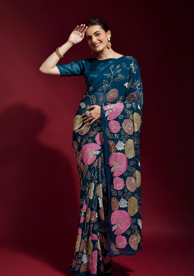 Teal Embellished Georgette Saree Set - Indya