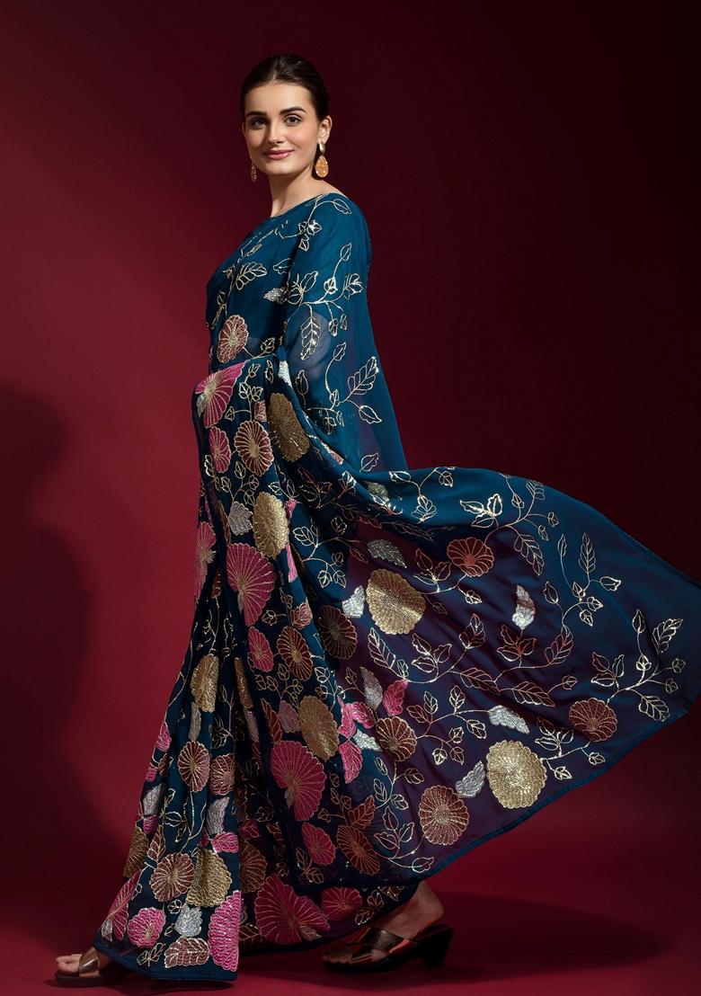 Teal Embellished Georgette Saree Set - Indya