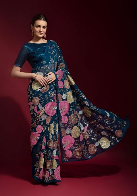 Teal Embellished Georgette Saree Set