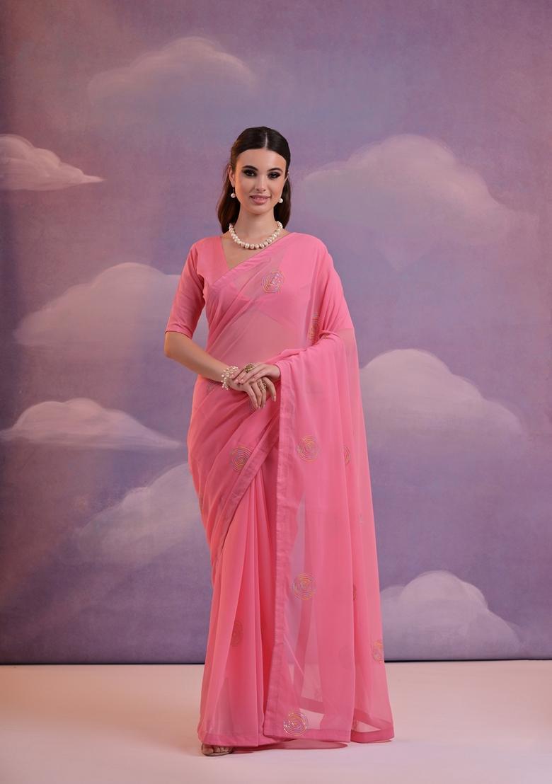 Pink Embellished Georgette Saree Set - Indya