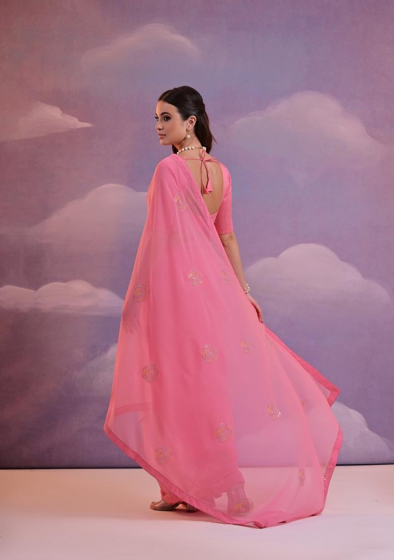 Pink Embellished Georgette Saree Set - Indya