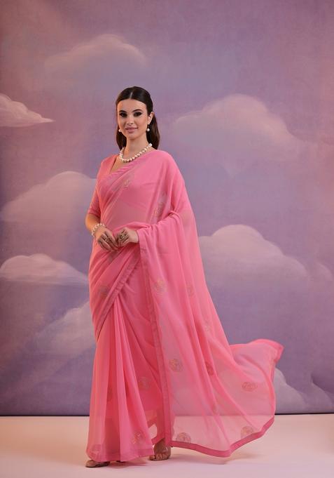Pink Embellished Georgette Saree Set