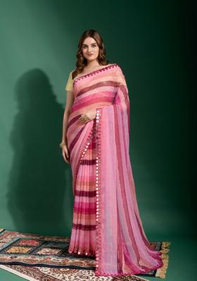 Pink Lace Work Chiffon Saree Set