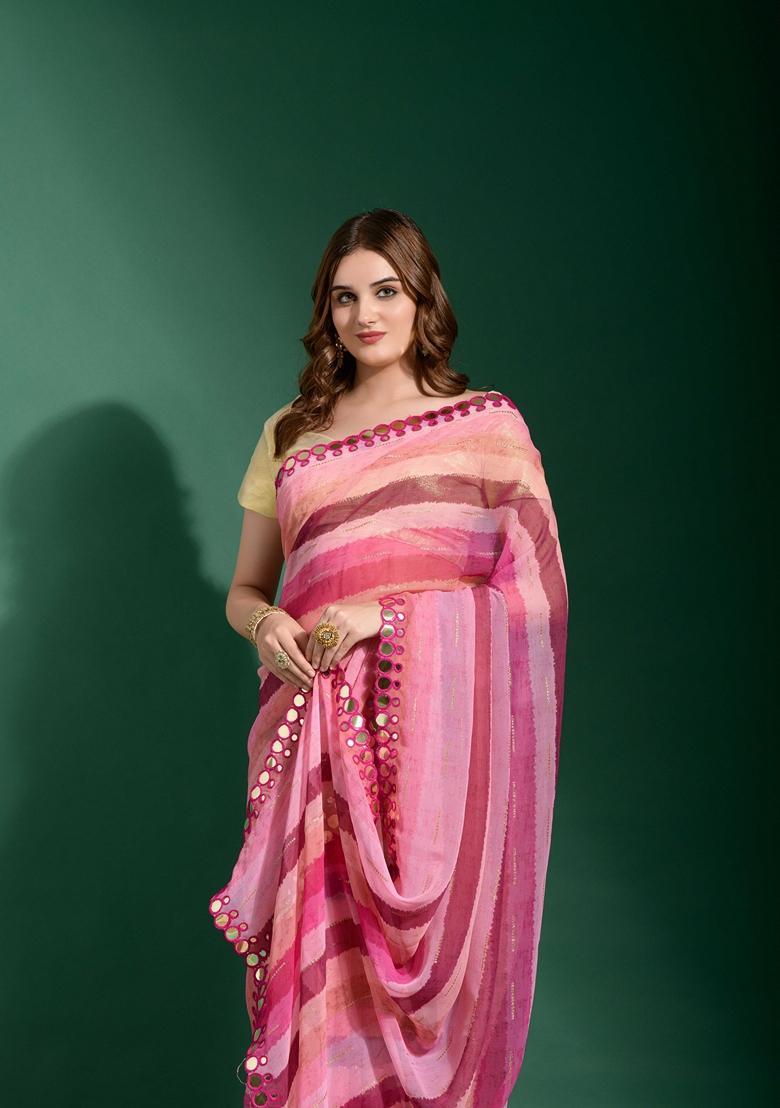 Pink Lace Work Chiffon Saree Set - Indya