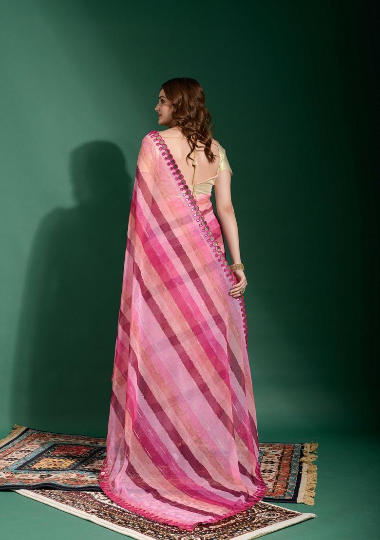 Pink Lace Work Chiffon Saree Set - Indya