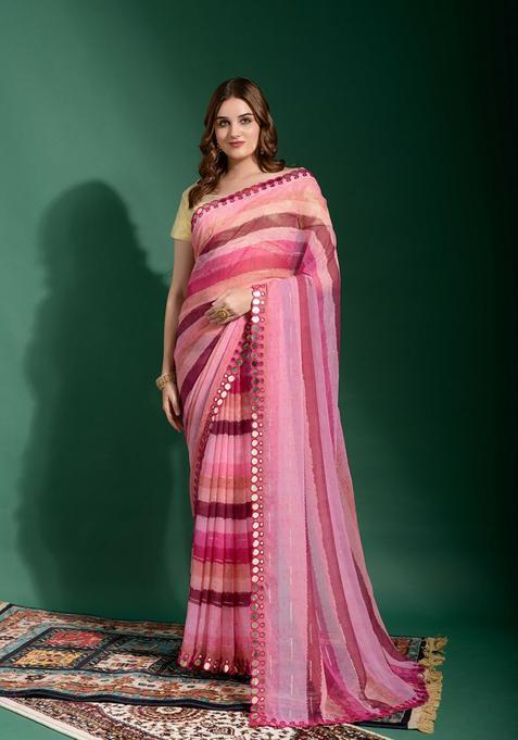 Pink Lace Work Chiffon Saree Set