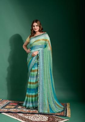 Aqua Lace Work Chiffon Saree Set