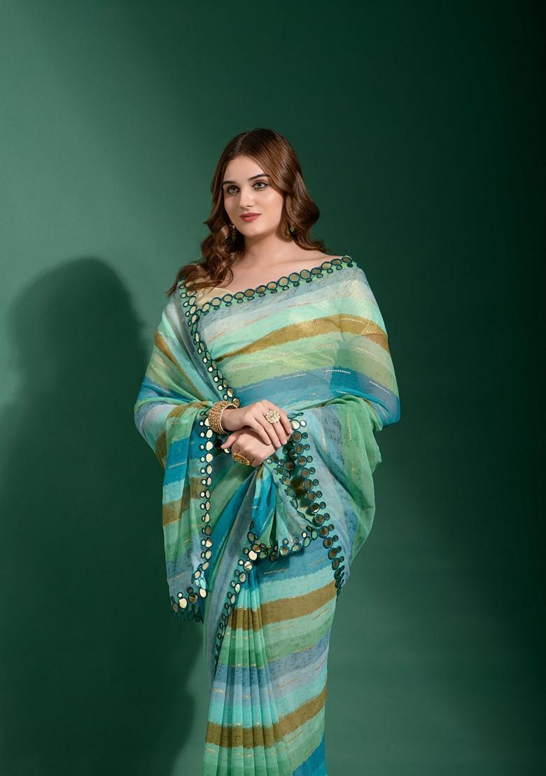 Aqua Lace Work Chiffon Saree Set - Indya