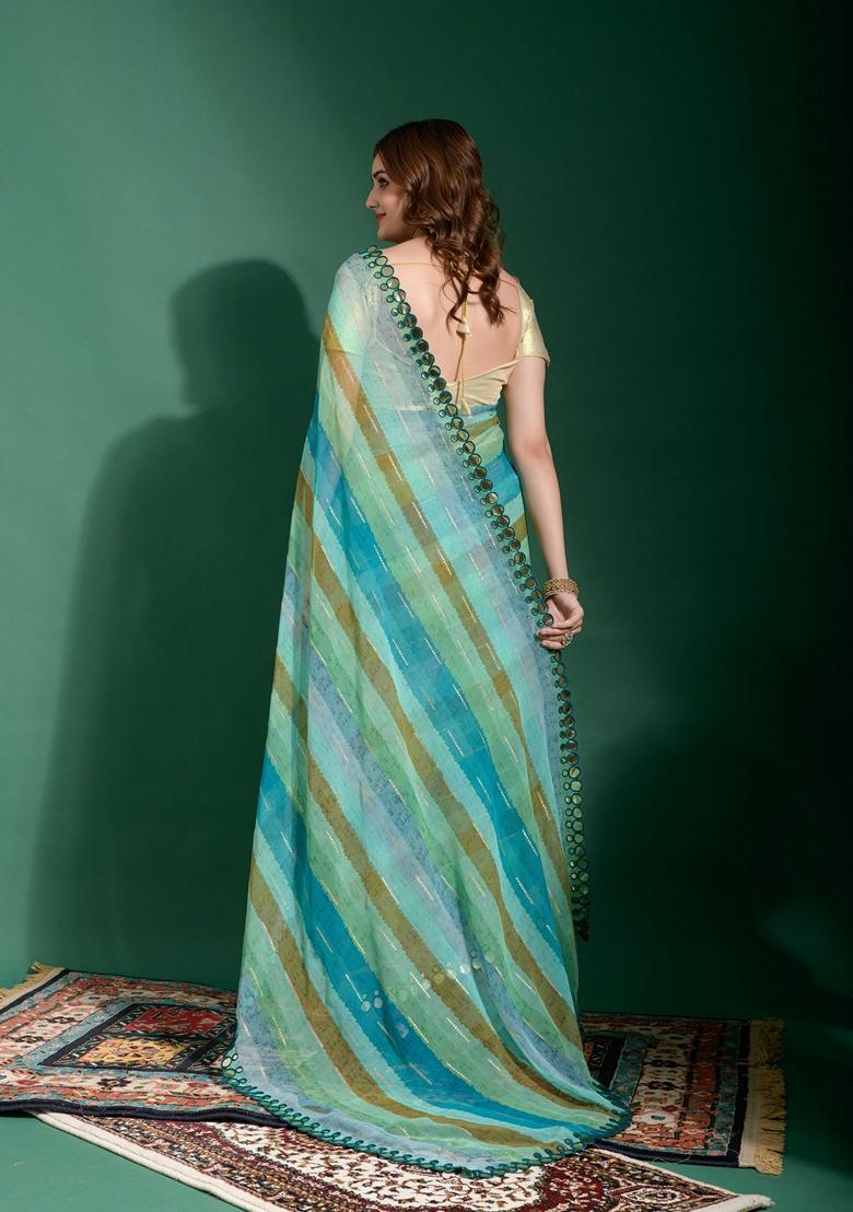 Aqua Lace Work Chiffon Saree Set - Indya